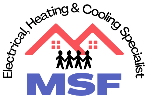 MSF logo with red rooftops, black people figures, and text “Electrical, Heating & Cooling Specialist”