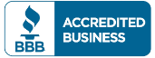BBB Accredited Business logo with blue emblem and text on a white background