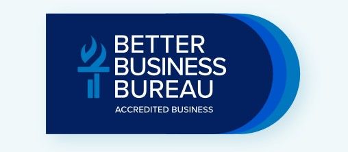 BBB Accredited Business logo, blue and white with torch icon and text