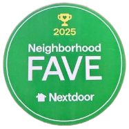 Green circular Nextdoor “2025 Neighborhood FAVE” award badge with trophy icon