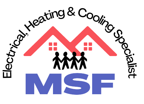 MSF logo with red roof, black figures, and curved text “Electrical Heating & Cooling Specialist”