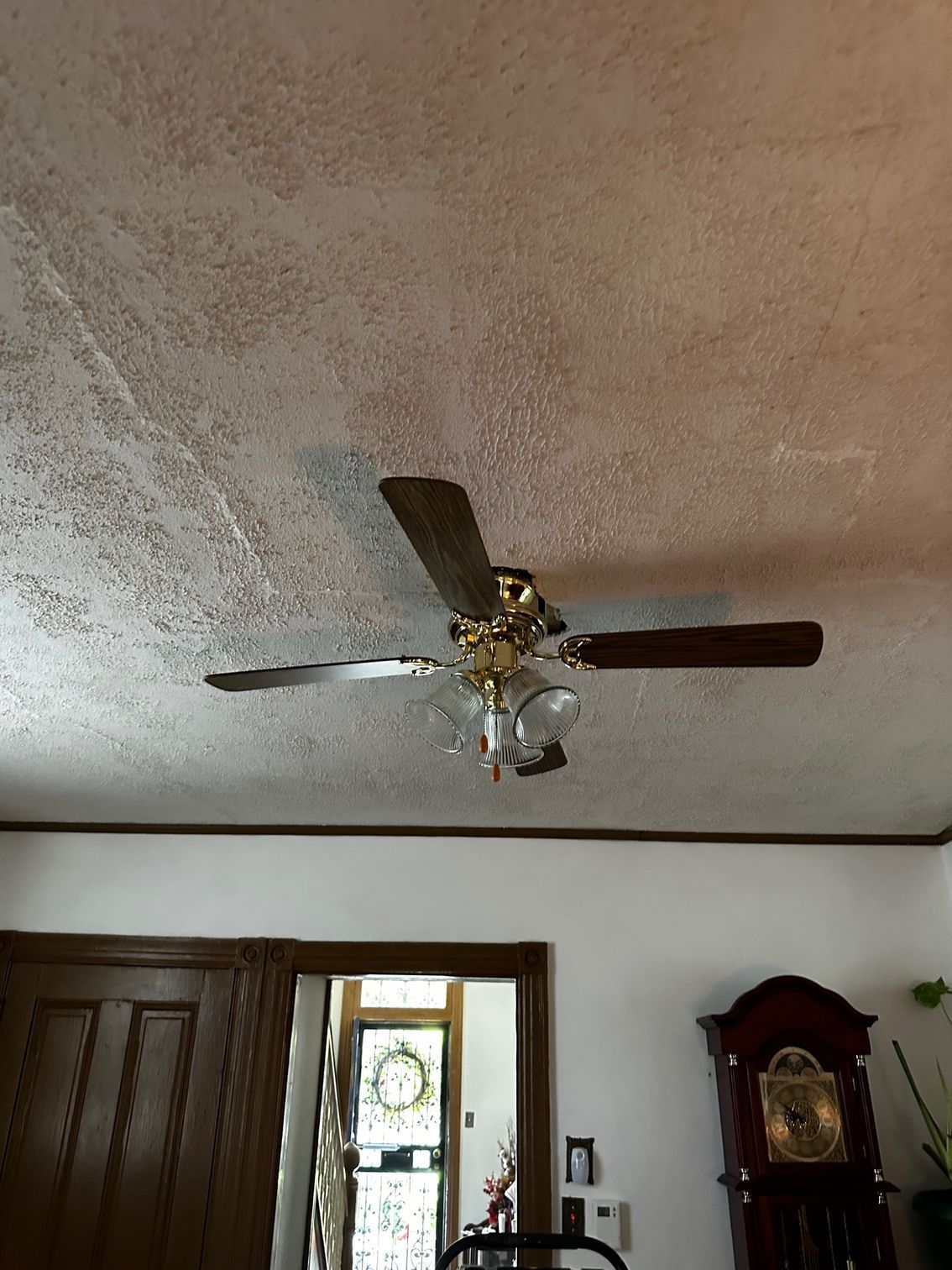 Living room ceiling with a brass ceiling fan and lights above dark wood furniture and a clock cabinet