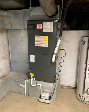 Basement HVAC furnace with ducts, pipes, and utility labels against a concrete wall
